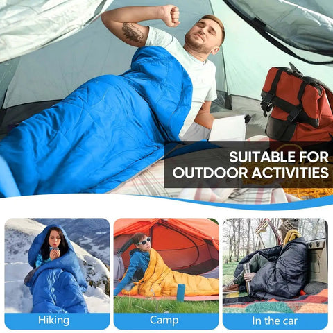 Man in blue Portable Waterproof Sleeping Bag For Adults And Kids, 4 Seasons Cold Weather Or Warm, lightweight polyester lining, indoor tent