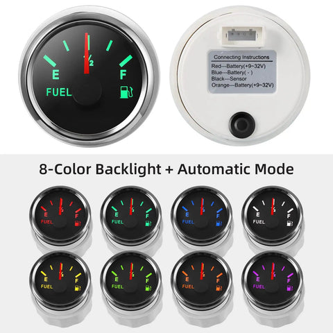 Stainless Steel Fuel Sender Unit With Water Level Sensor And Gas Gauge shown in various colors for boats, cars, trucks, RVs.