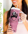 Totally Sick Halloween Scary Mask Tumbler With Lid And Straw 40 Oz Insulated Travel Cup, pink glitter design, daily sip use.
