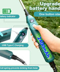 Battery Powered Sprayer Wand With Telescopic 16.4Ft Hose, showing handle with USB Type-C charging and coil spring hose.