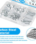 Premium White Wall Plate Screw Assortment 120 Pack Heavy Duty Carbon Steel screws in plastic container, assorted sizes for DIY tasks.