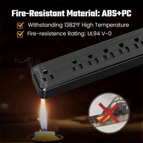 Six-Outlet Surge Protector Power Strip, fire-resistant ABS+PC material, withstands 1382°F, safe for home and office use, black