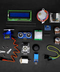 Ultimate STEM Electronics Starter Kit with Mega 2560 board, LCD1602 display, sensors, breadboard, jumper wires, and components.