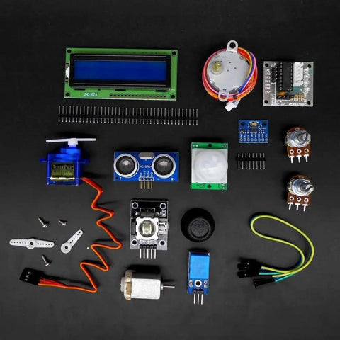 Ultimate STEM Electronics Starter Kit with Mega 2560 board, LCD1602 display, sensors, breadboard, jumper wires, and components.