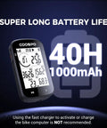 GPS Bike Computer With Wireless Cadence And Power Sensor Support 2.6 Inch Auto Backlight Display showing 40H battery life info