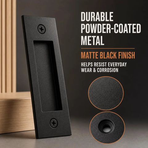 Deadly Smooth 6 Inch Sliding Barn Door Handle Tough Grip Design Matte Black Flush Pocket Door Pull, close-up view showing details.