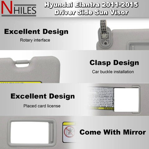 Hyundai Elantra Driver Side Sun Visor Replacement 2011 2012 2013 2014 2015 Gray Direct Fit Replaces 852103X000TX design features
