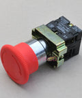 Heavy Duty 660V Red Emergency Stop Push Button Switch With NC And NO Contacts For Workshop Machinery, side view, metal and plastic.