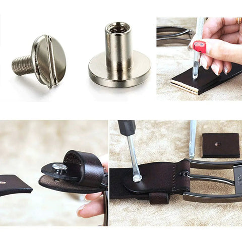 Fifty Heavy Duty Chicago Binding Screws For Real Leather Goods And Tough Belt Tacks Totally Rock Solid Nickel Coated M4 Fasteners in use.