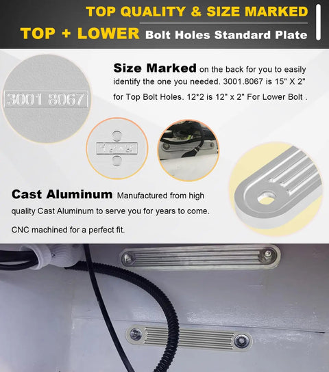 Beefy Transom Mount Plate Kit showing top and lower bolt holes with size markings and cast aluminum construction.