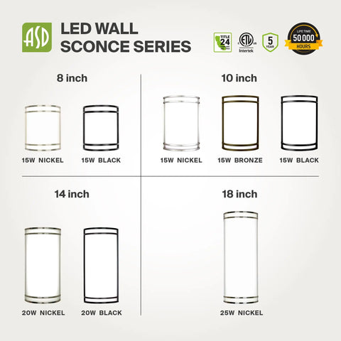 Kick Your Lighting Game Up Today With This Sleek Indoor LED Wall Sconce Sporting Brushed Nickel Finish And Adjustable 3000K 4000K 5000K Temps Plus Zero Hassle Mount And A Smooth Rust Proof Glow Built For Everyday Chill, showcasing various sizes and finishes.
