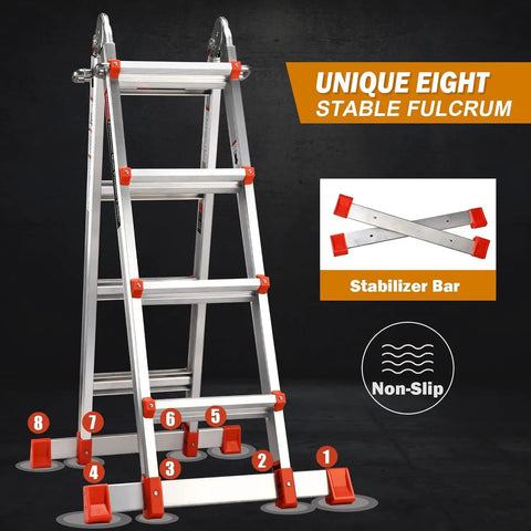 Multi Position A Frame Extension Ladder 14 Ft With Stabilizer Bar For Extra Stability And Reduced Wobble Safer To Use Easy Adjust Heavy Duty Workhorse For Home Or Job Site Reach, aluminum