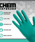 Straight Up Tough Powder Free Chloroprene Disposable Gloves With Heavy Five Mil Build And Sure Grip Textured Tips For Battle Ready Chemical Guarding Extended Twelve Inch Sleeve Cuff Built For Daily Dental And Industrial Jobs Large, green gloves with textured grip.