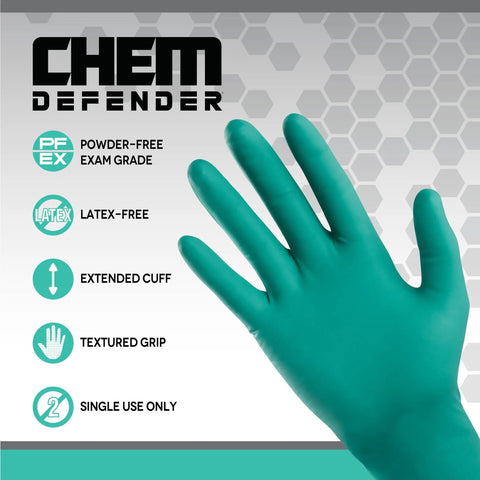 Straight Up Tough Powder Free Chloroprene Disposable Gloves With Heavy Five Mil Build And Sure Grip Textured Tips For Battle Ready Chemical Guarding Extended Twelve Inch Sleeve Cuff Built For Daily Dental And Industrial Jobs Large, green gloves with textured grip.