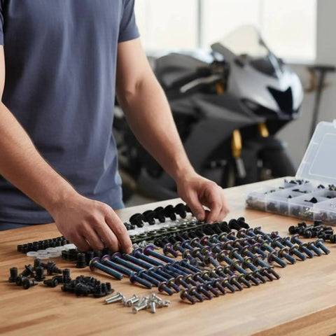 Motorcycle Fairing Bolt Kit With 195 Piece Fastener Set Clips And Screws Universal Fit 304 Stainless Steel Rust Resistant Burnt Blue Finish laid out on table