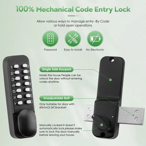 Old-School Mechanical Keyless Keypad Door Knob Lock With Bolt, Single-Sided Passcode Entry, Matte Black Finish