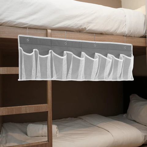 Compact Mesh Shoe Storage Hangs Beside Bed With 4 Hooks For RV Camper And Home to stash sneakers and boots in gray fabric.