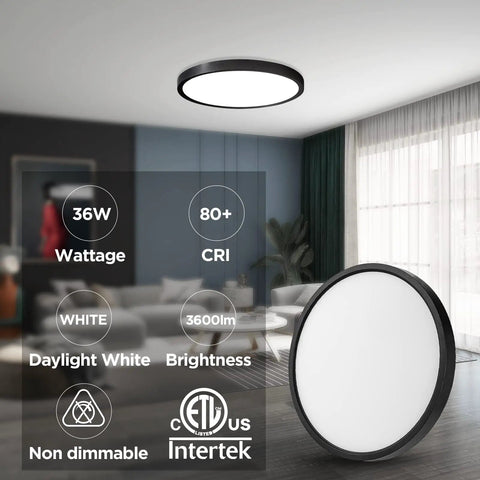 36W 15.8 Inch Flush Mount Ceiling Light Black Round Surface Low Profile For Low Ceilings Daylight 3600 Lumens Glare Free Soft Bright Non Dimmable No Fuss Install Kitchen And Bedroom Lighting
