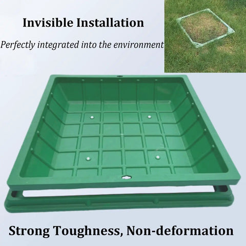 Beefy PP Recessed Sewage Basin Cover With Frame And Pull Hole Waterproof Heavy Duty Lid, green PP material, installed in lawn