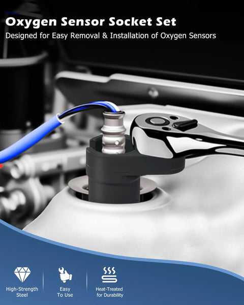 Five Piece Oxygen Sensor Socket Set With Universal 6 Point 22mm Openings shown installed on an engine for sensor removal