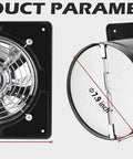 8 Inch Through Wall Exhaust Fan With 500CFM, 110V, 80W, Built Tough Metal Construction shown with front and side dimensions