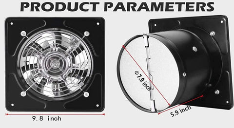 8 Inch Through Wall Exhaust Fan With 500CFM, 110V, 80W, Built Tough Metal Construction shown with front and side dimensions