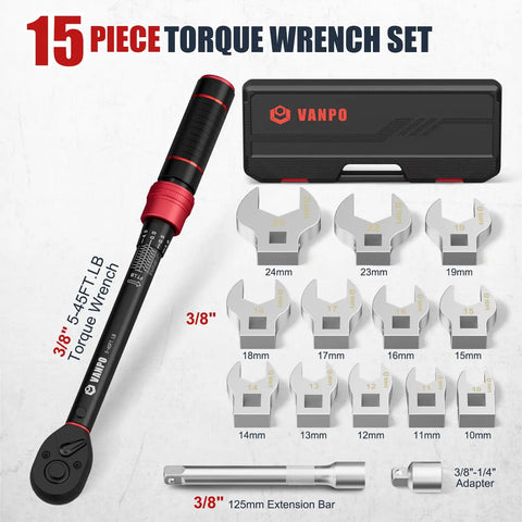 Heavy Duty 15 Piece Metric Crowfoot Wrench Set With Extension Bar And Adapter Master Tool Kit For Gnarly Tight Spots Professional Grade Chrome Steel Construction with torque wrench and adapters.