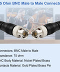 BNC Male 75 Ohm RG-6/U Coaxial Cable 6.6Ft dual shielding low loss video cord close-up, nickel plated brass connectors