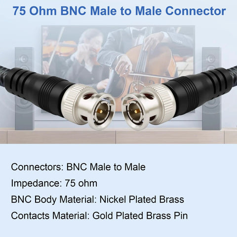 BNC Male 75 Ohm RG-6/U Coaxial Cable 6.6Ft dual shielding low loss video cord close-up, nickel plated brass connectors