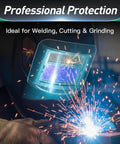 Welder using helmet with Ten Pack Front Cover Replacement Lenses For Welding Helmets Model 770237, sparks flying