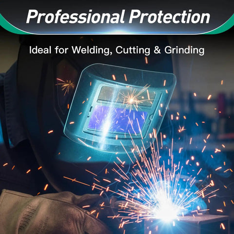 Welder using helmet with Ten Pack Front Cover Replacement Lenses For Welding Helmets Model 770237, sparks flying