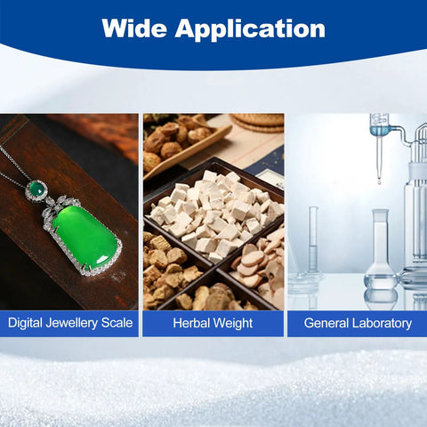Image shows applications for Precision Calibration Weights Kit For Digital Scales With Tweezers 17 Piece Set From 10 Milligrams To 100 Grams Ultra Accurate And Low Tolerance Of 0.003 Grams Stainless Steel Lab Grade Balance Weights For Science Nerds And Home Lab Setups in jewelry and lab settings.