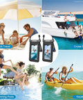 Floating Waterproof Phone Pouch 2 Pack With Adjustable Lanyard IPX8 Waterproof Case For iPhone 17 16 15 14 Pro Max displayed on beach, pool, cruise, kayak scenes