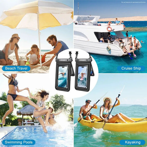 Floating Waterproof Phone Pouch 2 Pack With Adjustable Lanyard IPX8 Waterproof Case For iPhone 17 16 15 14 Pro Max displayed on beach, pool, cruise, kayak scenes
