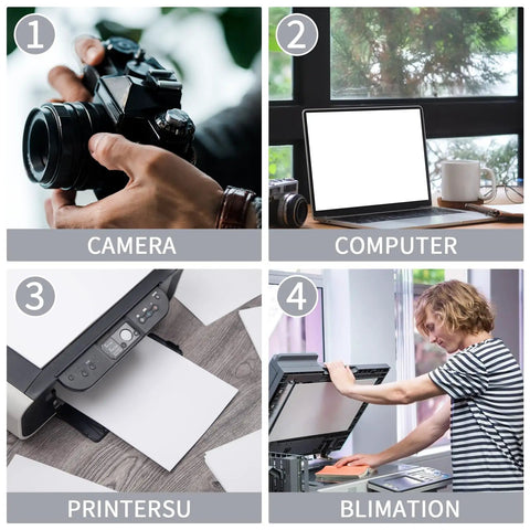 Collage of camera, computer, printer, and sublimation process for crafting DIY custom socks.