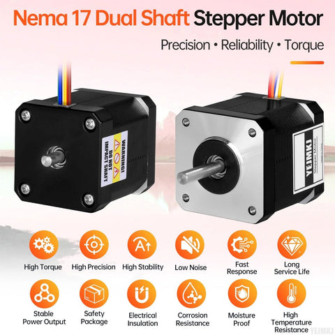 Two Nema 17 dual-shaft stepper motors, black and silver faces, shown from front and side with wiring.