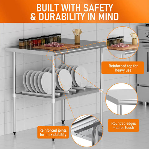 Stainless Steel Work Table For Food Prep And Heavy Duty Kitchen Station 24 By 36 Inches With Adjustable Undershelf in a kitchen setting