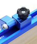 Close-up of the 2 Pack T Track Flip Stop For 3 Inch Woodworking Fence Blue Aluminum Pro Grade Miter Saw Stop Block on a track.