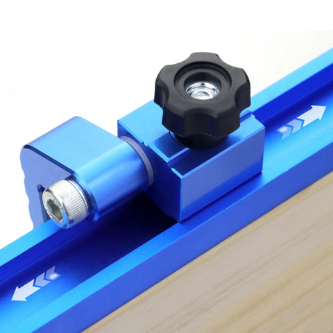 Close-up of the 2 Pack T Track Flip Stop For 3 Inch Woodworking Fence Blue Aluminum Pro Grade Miter Saw Stop Block on a track.
