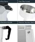 Close-up of Compact Stovetop Espresso Maker And Handheld Electric Milk Frother Gift Set showing spout, funnel, handle, and valve details.