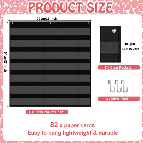 Pastel Classroom Calendar Chart With Pockets Set For Back To School shown with dimensions and included hooks and pockets.