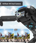 Close-up of Ultra Clear 4K Camera Drone for Kids and Adults, showing dual camera and carbon texture under a blue sky.