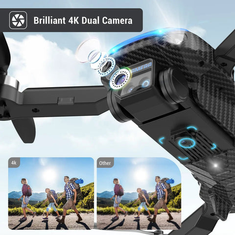 Close-up of Ultra Clear 4K Camera Drone for Kids and Adults, showing dual camera and carbon texture under a blue sky.