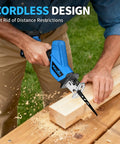 Cordless Reciprocating Saw Featuring Variable Speed Up To 3500 SPM For Smooth Tear Through Steel And Lumber Comes With Twin 2 Ah Batteries For Legit Heavy Duty Job Site Grind cutting through wood.