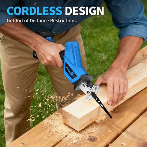 Cordless Reciprocating Saw Featuring Variable Speed Up To 3500 SPM For Smooth Tear Through Steel And Lumber Comes With Twin 2 Ah Batteries For Legit Heavy Duty Job Site Grind cutting through wood.