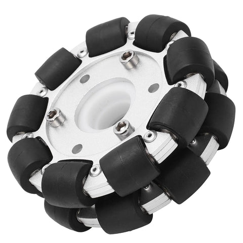 Front view of a 100mm double aluminum omni wheel with rubber rollers for robot platforms
