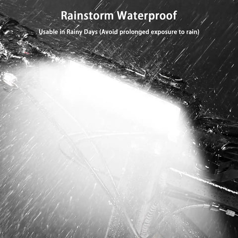 Ultra Bright USB Rechargeable Bike Light with 5 Modes Waterproof MTB Headlight in heavy rain storm, showcasing waterproof feature.