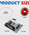 All In One 45 Degree Tile Chamfer Stand Kit With 5 Diamond Saw Blades 4 Inch, Safety Gloves, Screwdriver, 39 Inch Water Hose, Adapter Washers, And Universal Fit For 100 Type Angle Grinders shown with size measurements