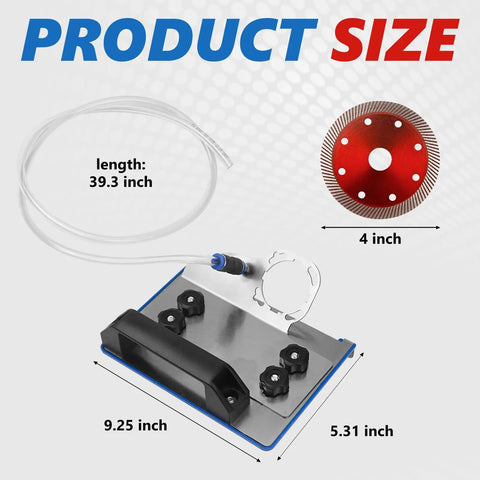 All In One 45 Degree Tile Chamfer Stand Kit With 5 Diamond Saw Blades 4 Inch, Safety Gloves, Screwdriver, 39 Inch Water Hose, Adapter Washers, And Universal Fit For 100 Type Angle Grinders shown with size measurements