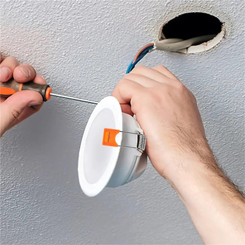 Installing Lawsen Spring Clips Recessed Lighting 200pcs Spring Clips for Downlights LED Strip Lights with screwdriver and ceiling fixture.